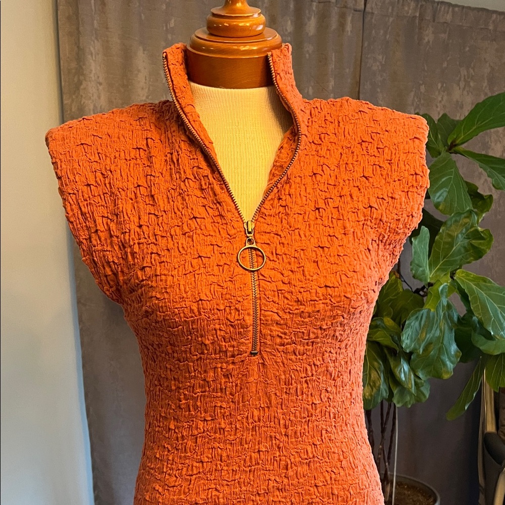 Brick colored Textured Sleeveless midi Dress